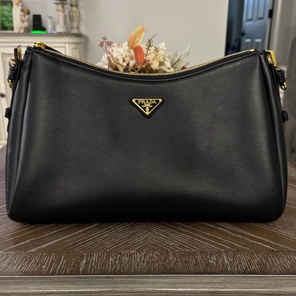 Prada Black Leather Shoulder Bag with Gold Accents - Picture 1 of 7